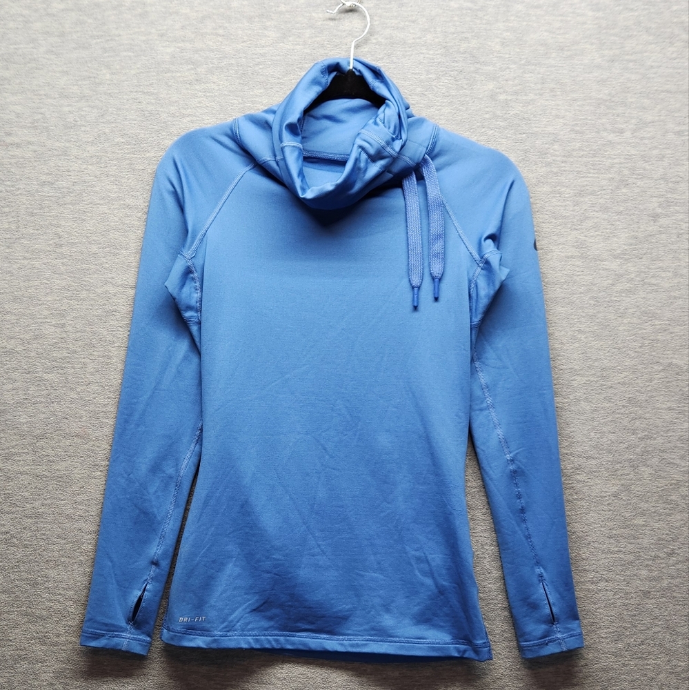 Nike Pro Cowlneck Pullover Sweatshirt Cinched Drawstring Neck Blue Women Sm